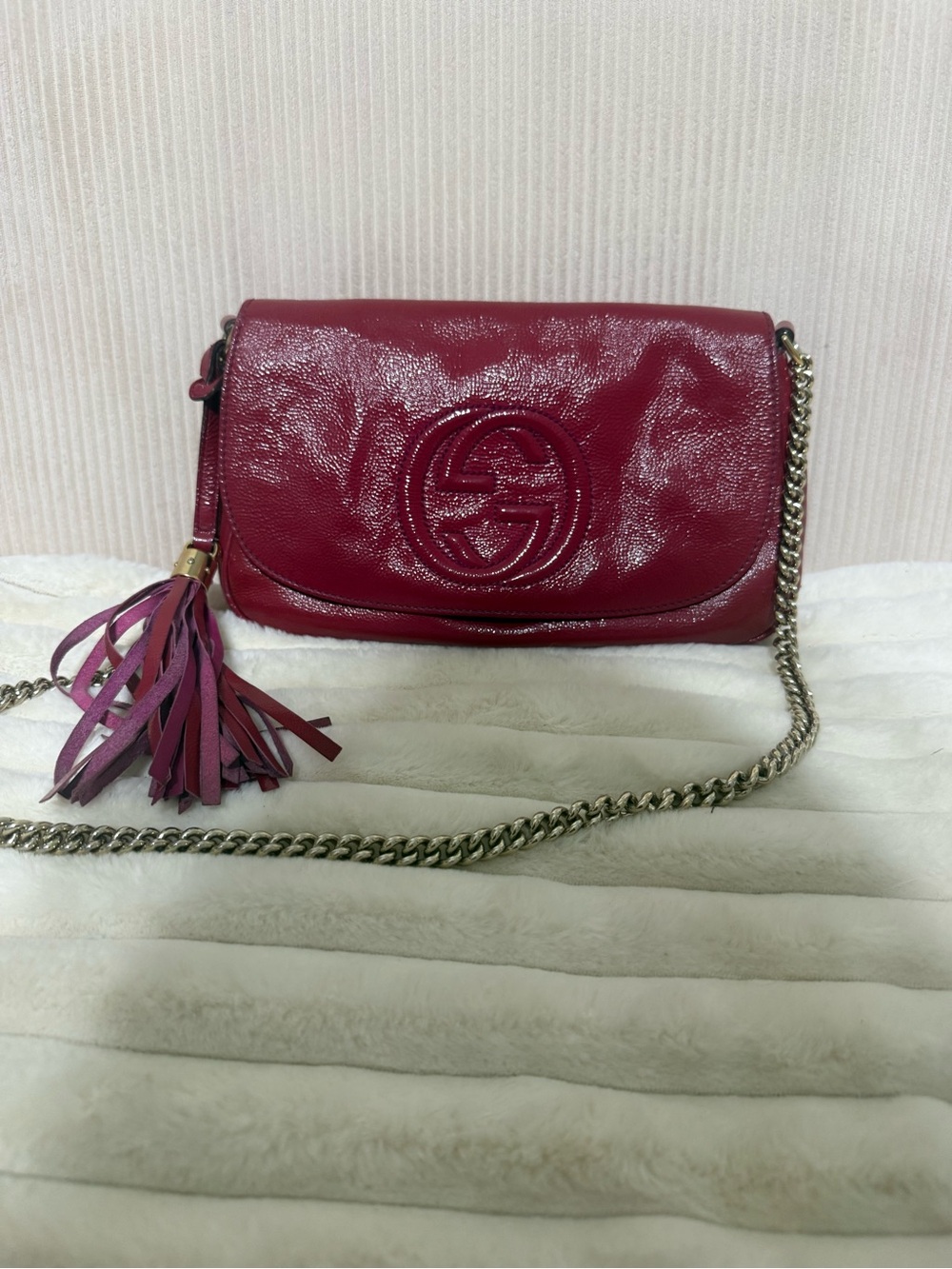 Gucci Patent Leather Tassel Crossbody Bag in Deep Red with Pink Tassel